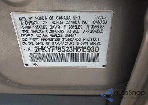 2003 Honda Pilot Ex-L from USA, damaged, VIN 2HKYF18523H616930